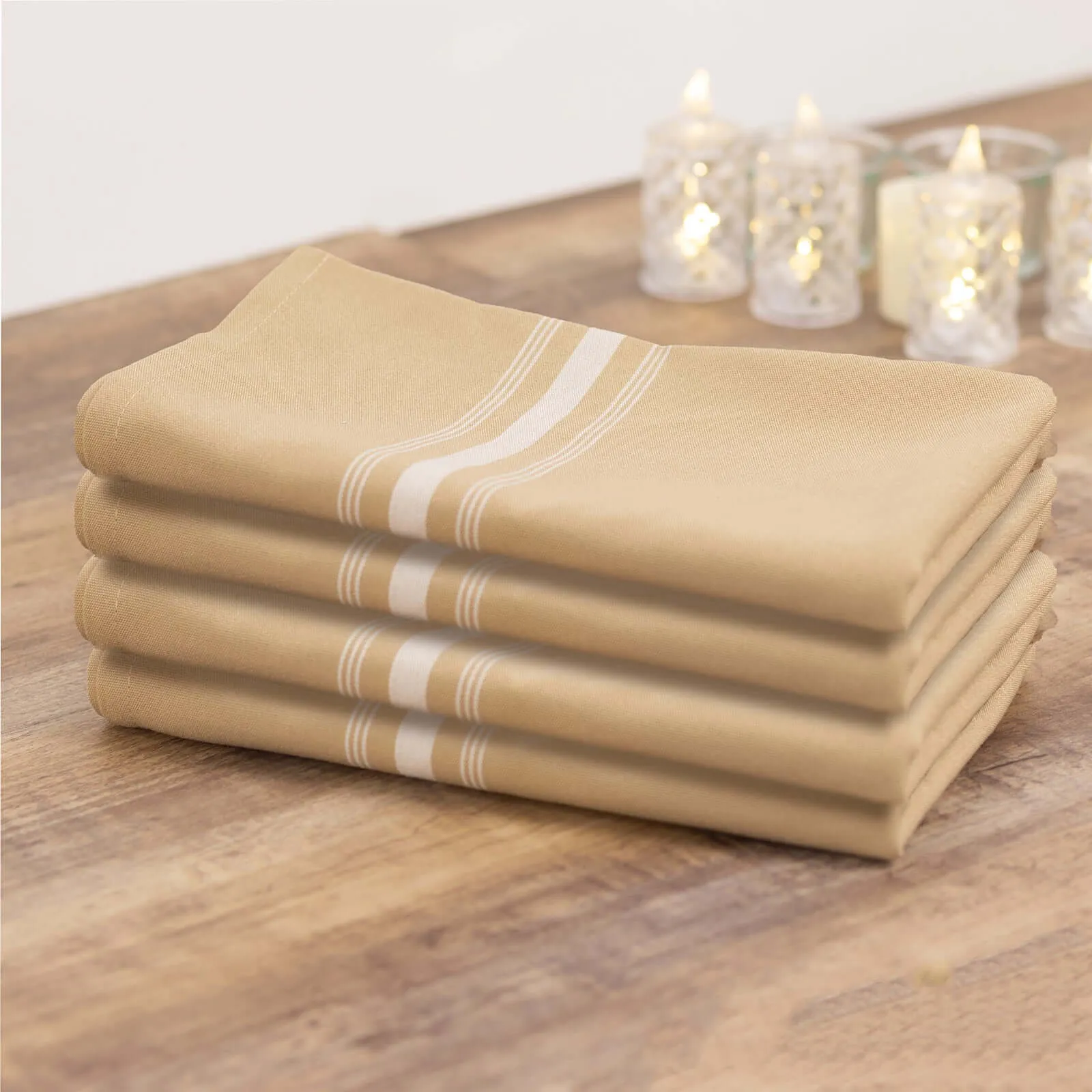 10 Pack Champagne Spun Polyester Cloth Napkins with White Reverse Stripes, Premium Restaurant Quality Bistro Napkins - 18"x22"