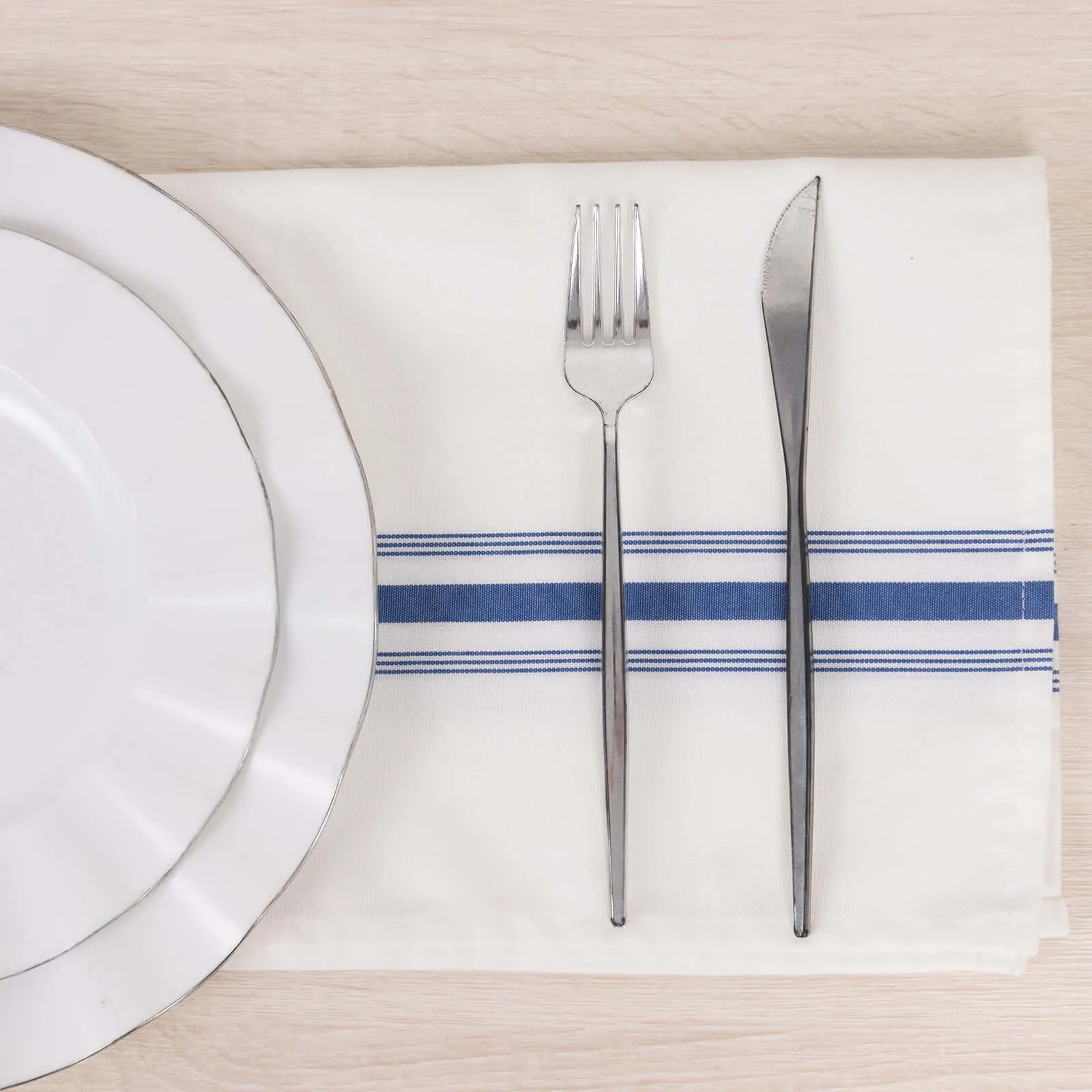 10 Pack White Spun Polyester Cloth Napkins with Blue Reverse Stripes, Premium Restaurant Quality Bistro Napkins - 18"x22"