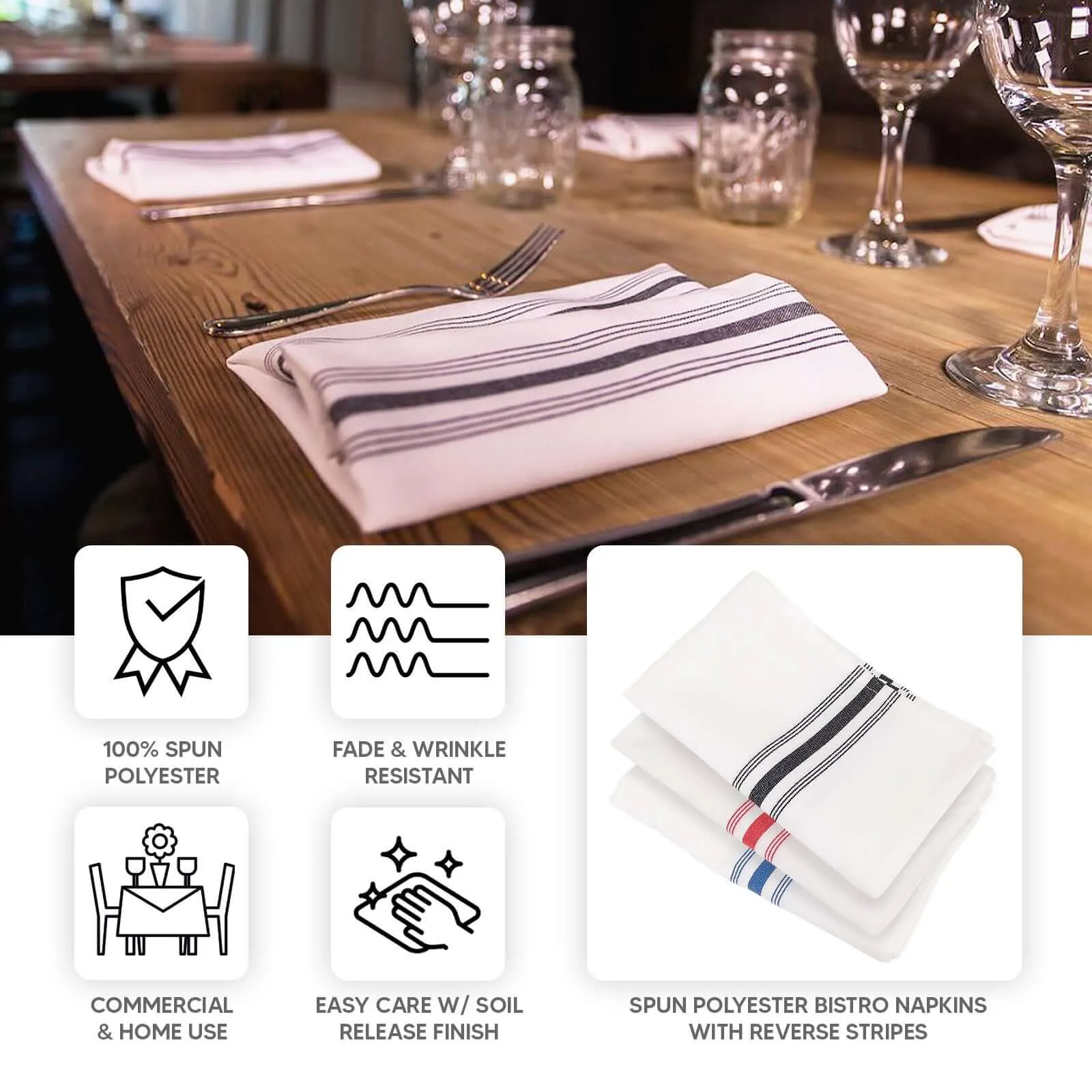 10 Pack White Spun Polyester Cloth Napkins with Blue Reverse Stripes, Premium Restaurant Quality Bistro Napkins - 18"x22"