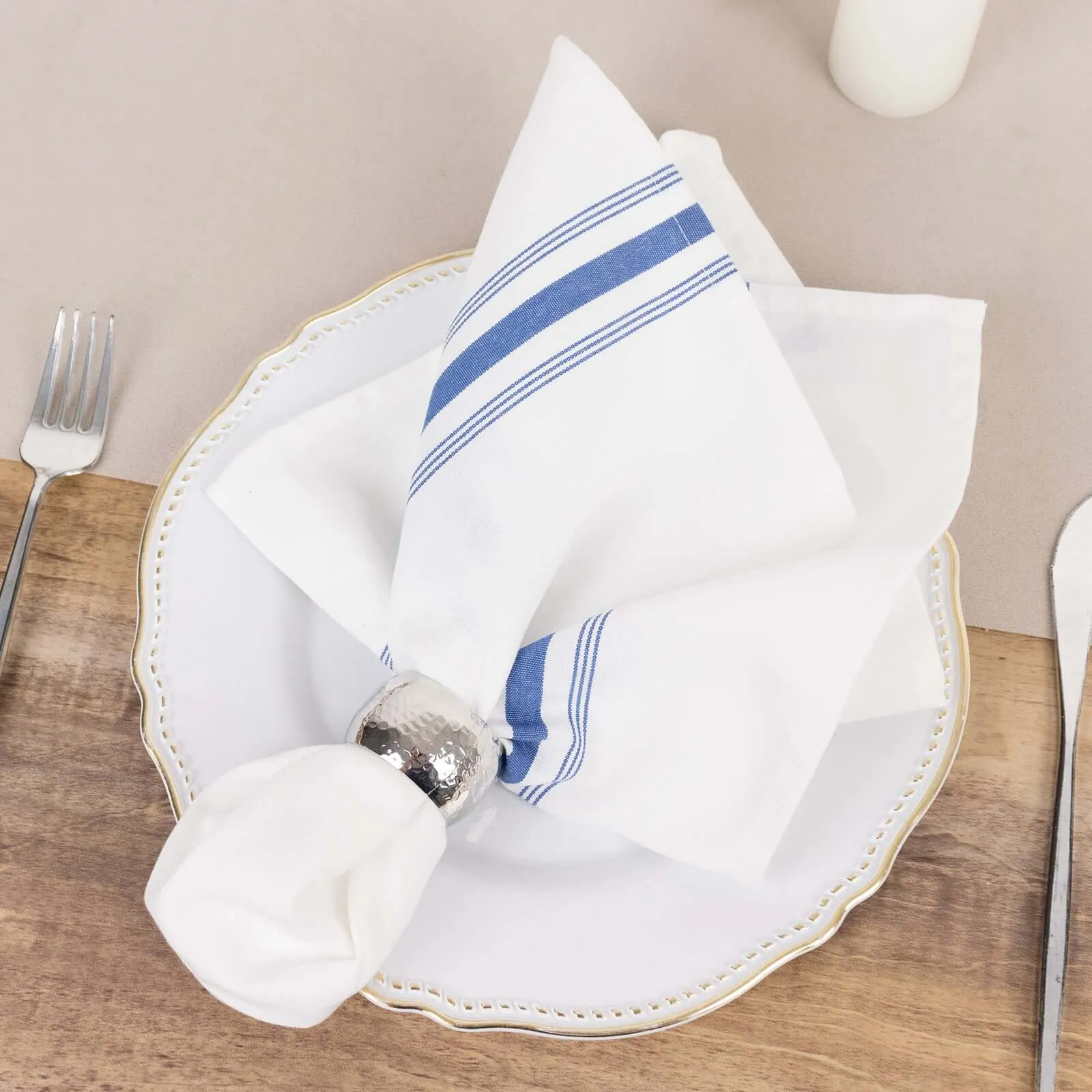 10 Pack White Spun Polyester Cloth Napkins with Blue Reverse Stripes, Premium Restaurant Quality Bistro Napkins - 18"x22"