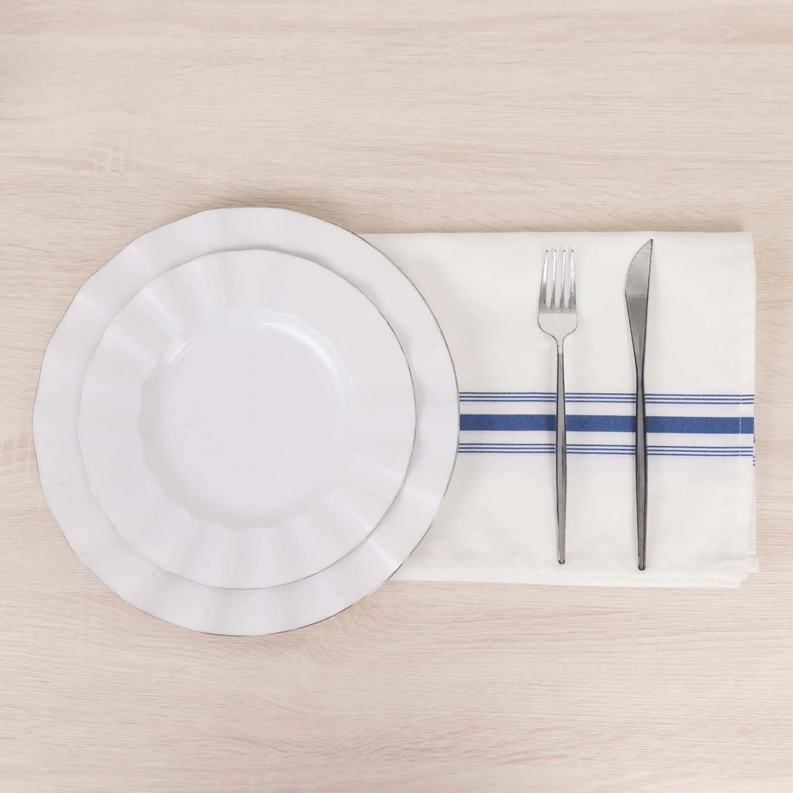 10 Pack White Spun Polyester Cloth Napkins with Blue Reverse Stripes, Premium Restaurant Quality Bistro Napkins - 18"x22"