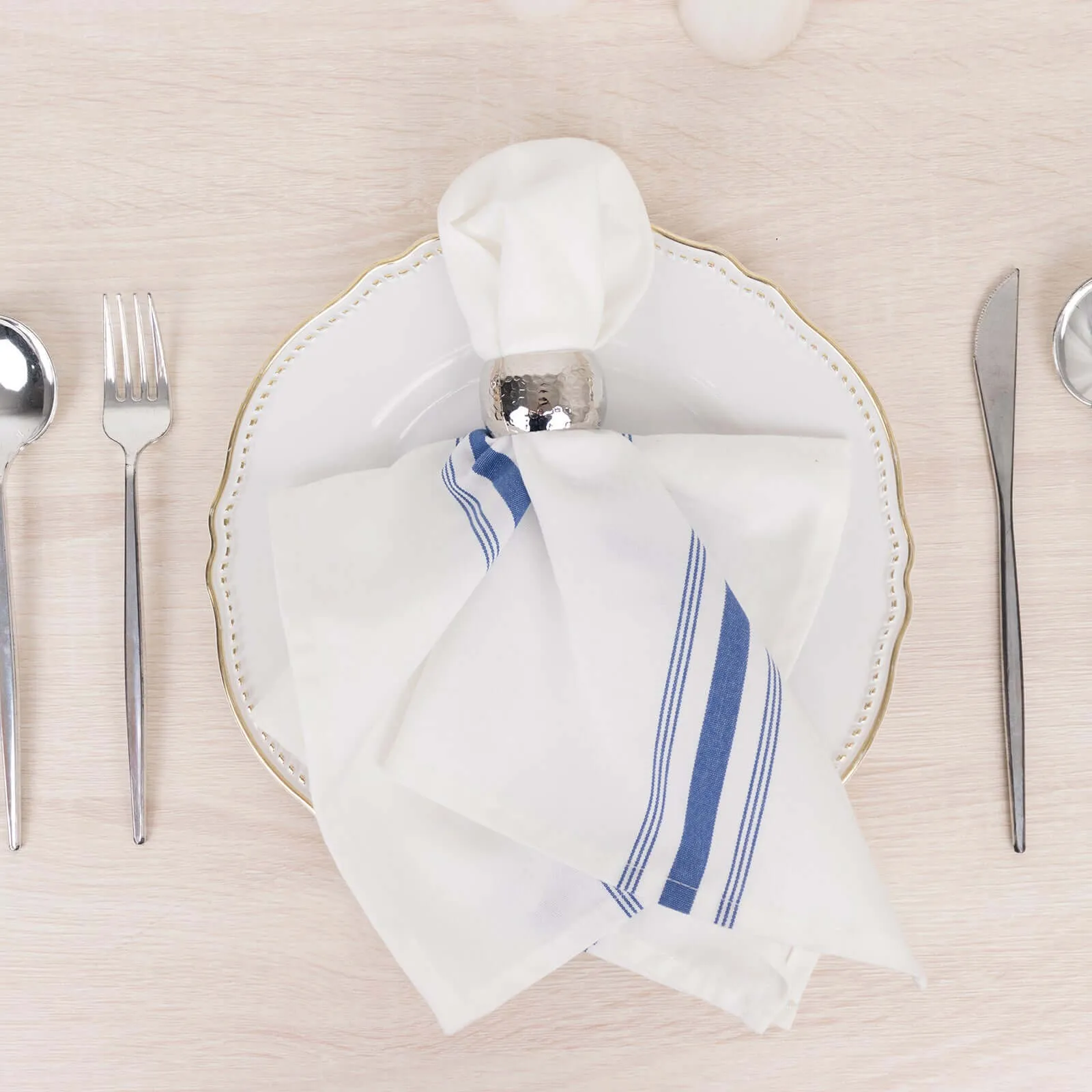 10 Pack White Spun Polyester Cloth Napkins with Blue Reverse Stripes, Premium Restaurant Quality Bistro Napkins - 18"x22"