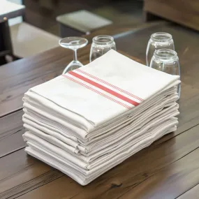 10 Pack White Spun Polyester Cloth Napkins with Red Reverse Stripes, Premium Restaurant Quality Bistro Napkins - 18"x22"