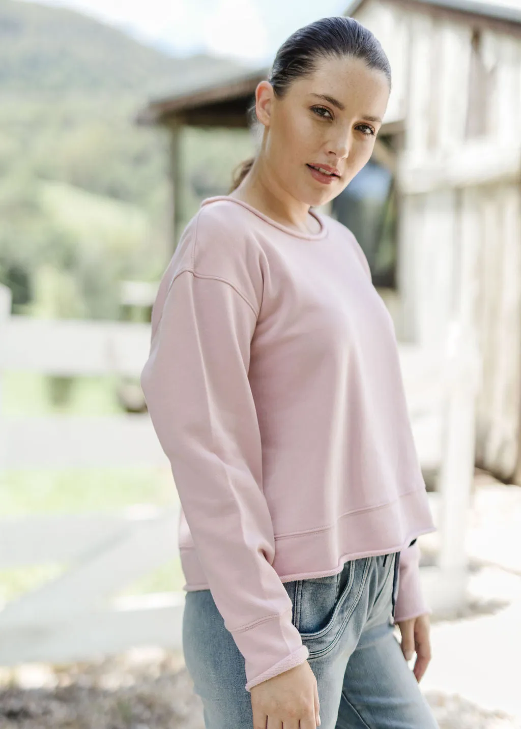 100% Cotton Raw Edge Sweat Shirt Dusty Pink