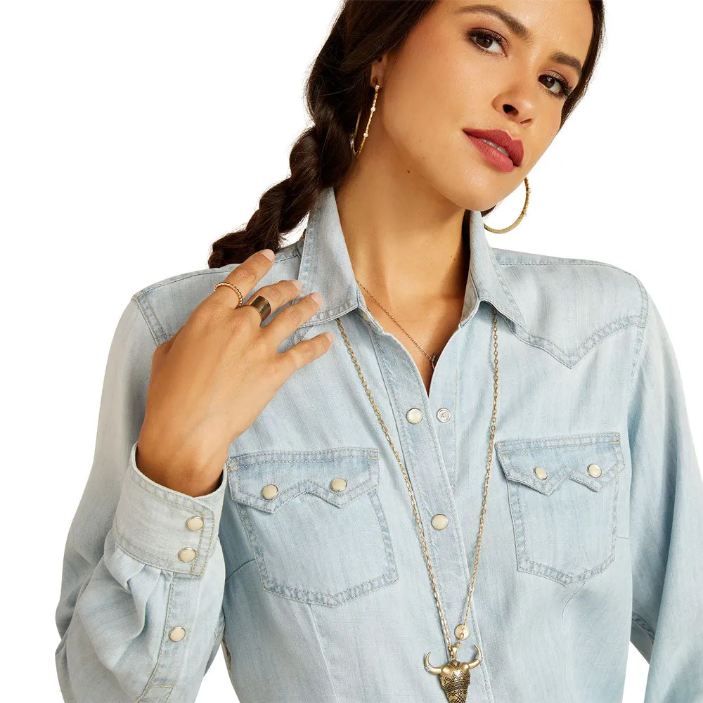 10051493 Ariat Women's Long Sleeve Blues Snap Shirt - Bleached Chambray