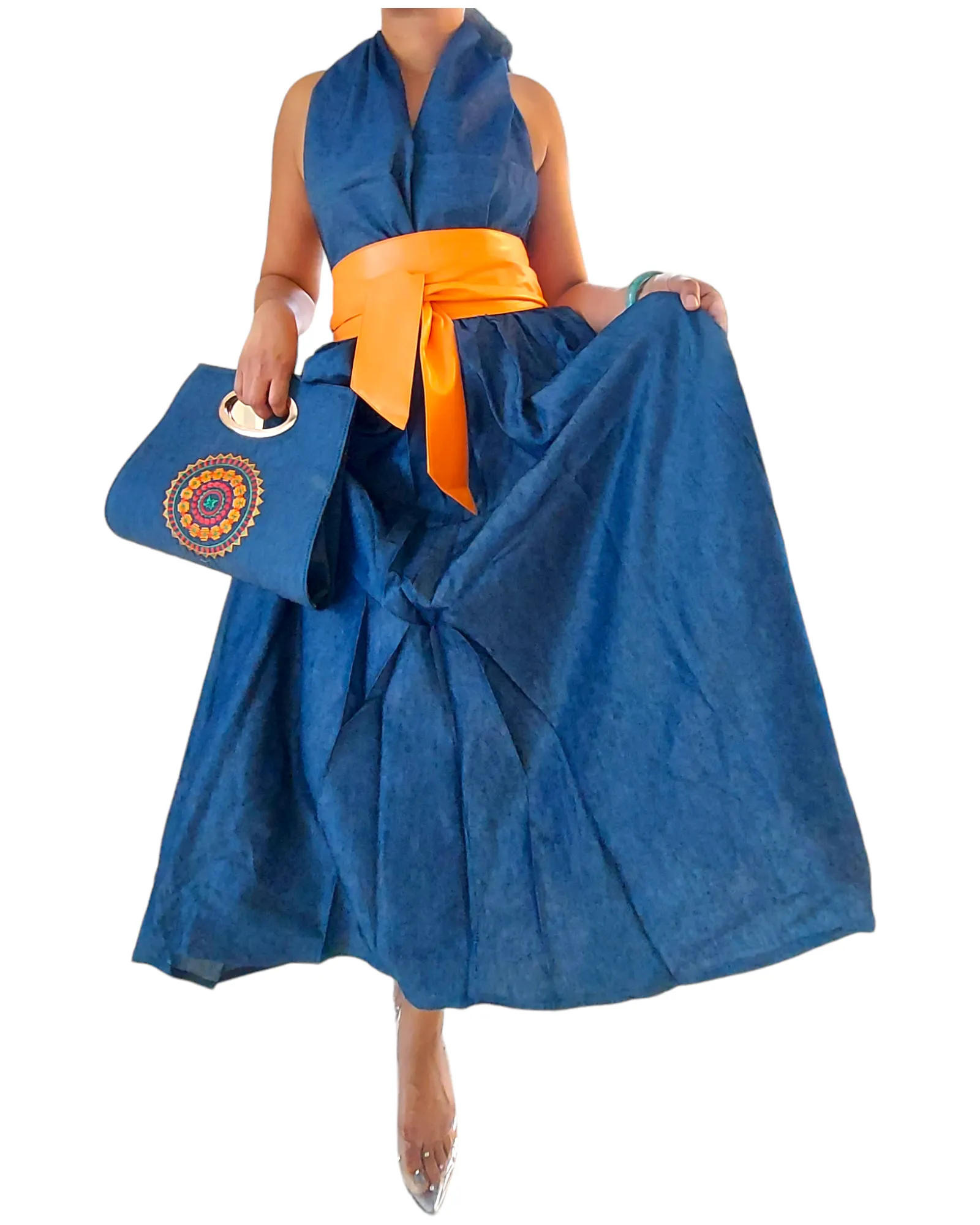 1012 Combo Long Skirt & Pocketbook Set-Blue Denim/Orange