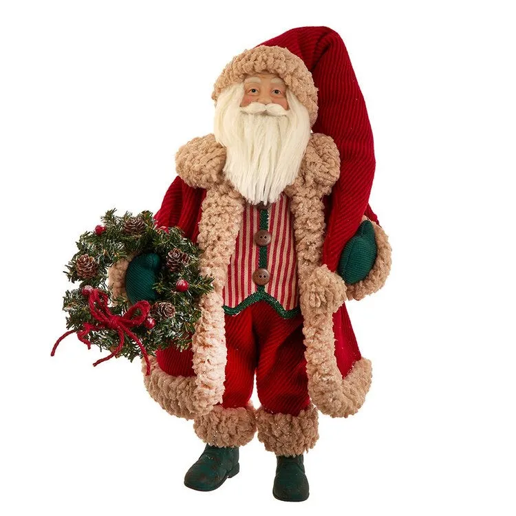 18" Vintage Red and Green Santa Figurine with Christmas Wreath