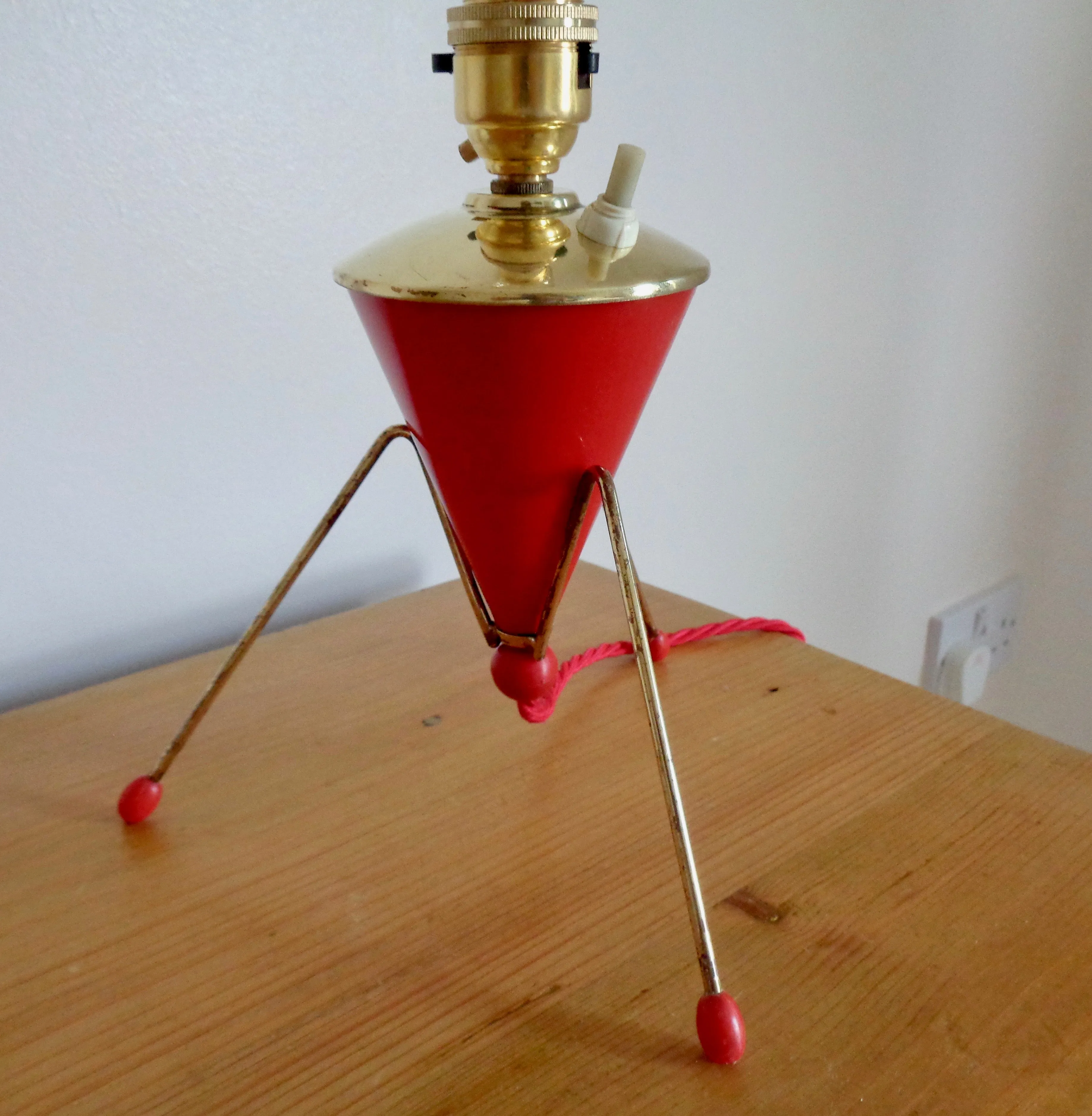 1950s Atomic Age Red Plastic & Brass Small Table Lamp