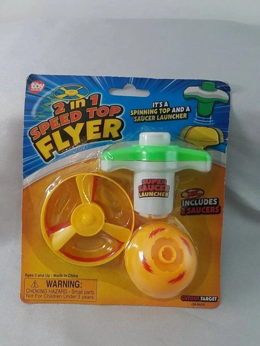 2-in-1 Speed Top Flyer Spinning Toy with 2 Saucers, Launcher & Cutout Target