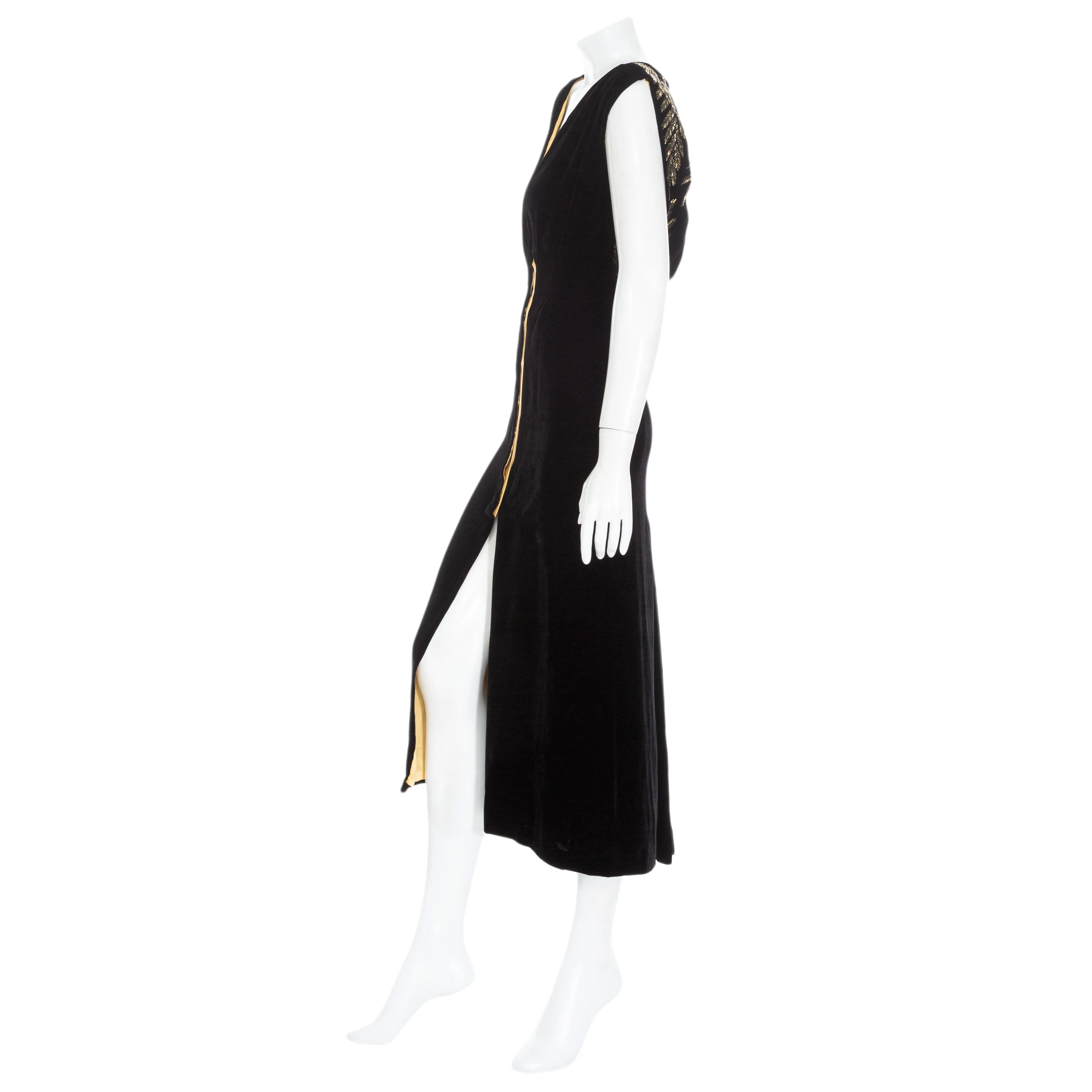 2006 Black Velvet and Yellow Silk-Lined Beaded Wrap Dress