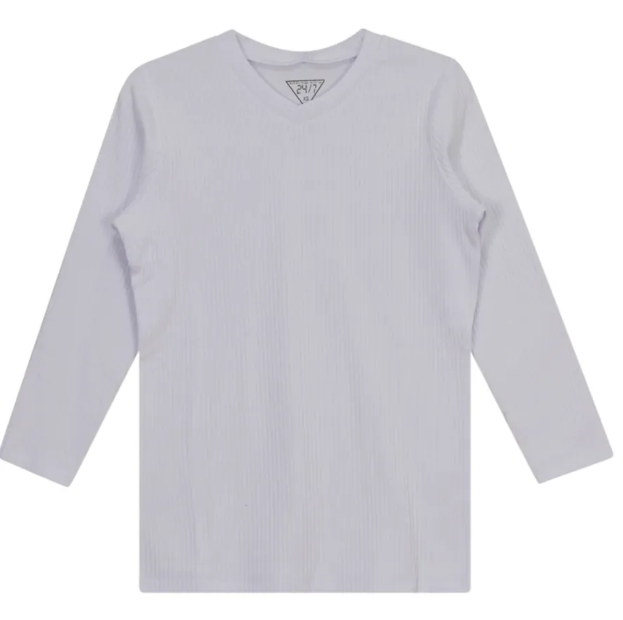 24/7 White Wide Ribbed 3/4 Sleeve V Neck Tee SB2CM7936T