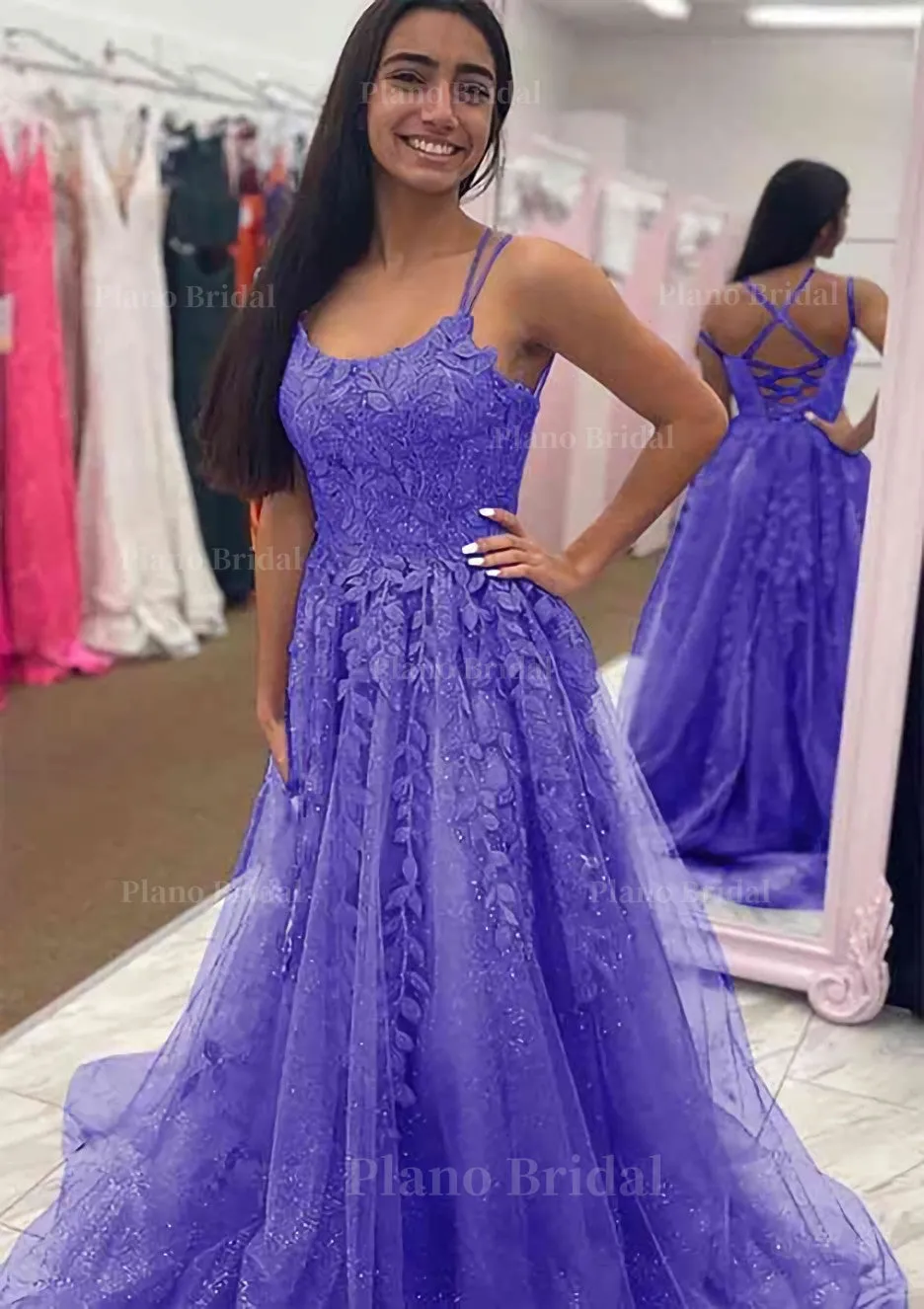 A-line Bateau Court Train Tulle Glitter Prom Dress With Appliqued Beading