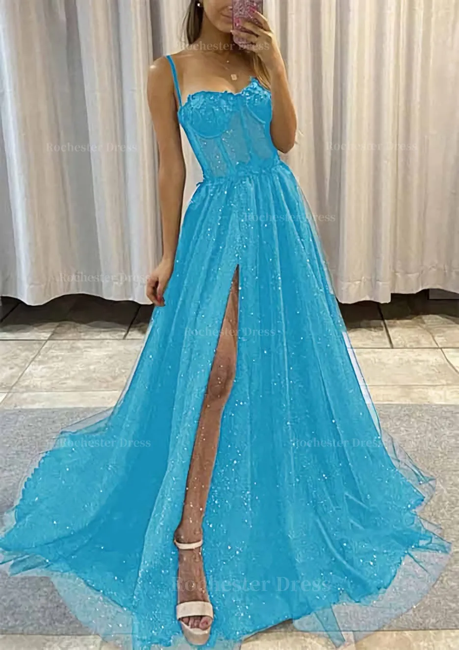 A-line Sweetheart Spaghetti Straps Sweep Train Tulle Glitter Prom Dress With Appliqued