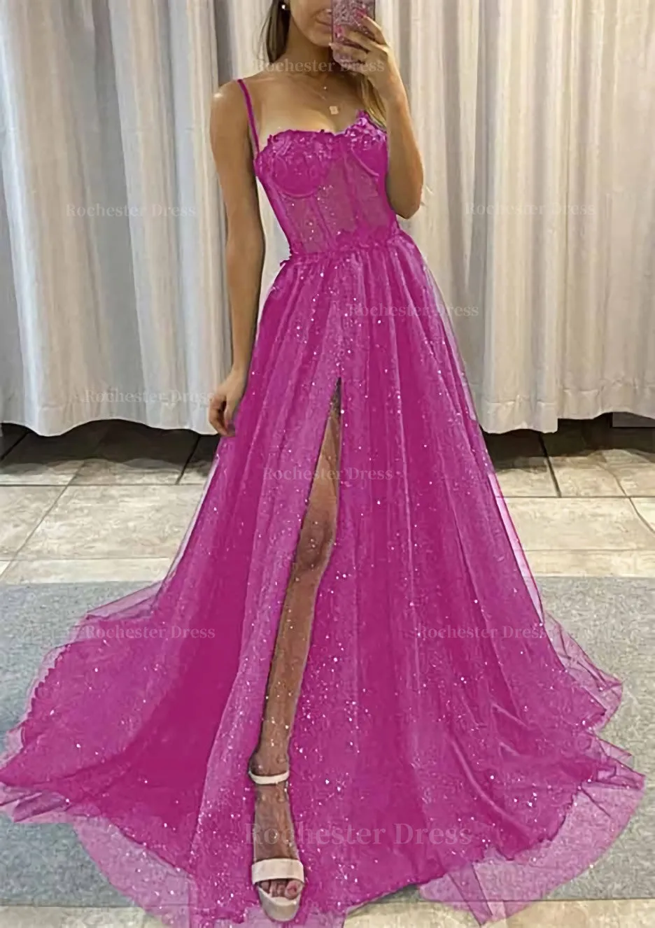 A-line Sweetheart Spaghetti Straps Sweep Train Tulle Glitter Prom Dress With Appliqued