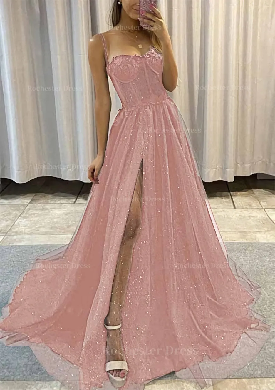 A-line Sweetheart Spaghetti Straps Sweep Train Tulle Glitter Prom Dress With Appliqued