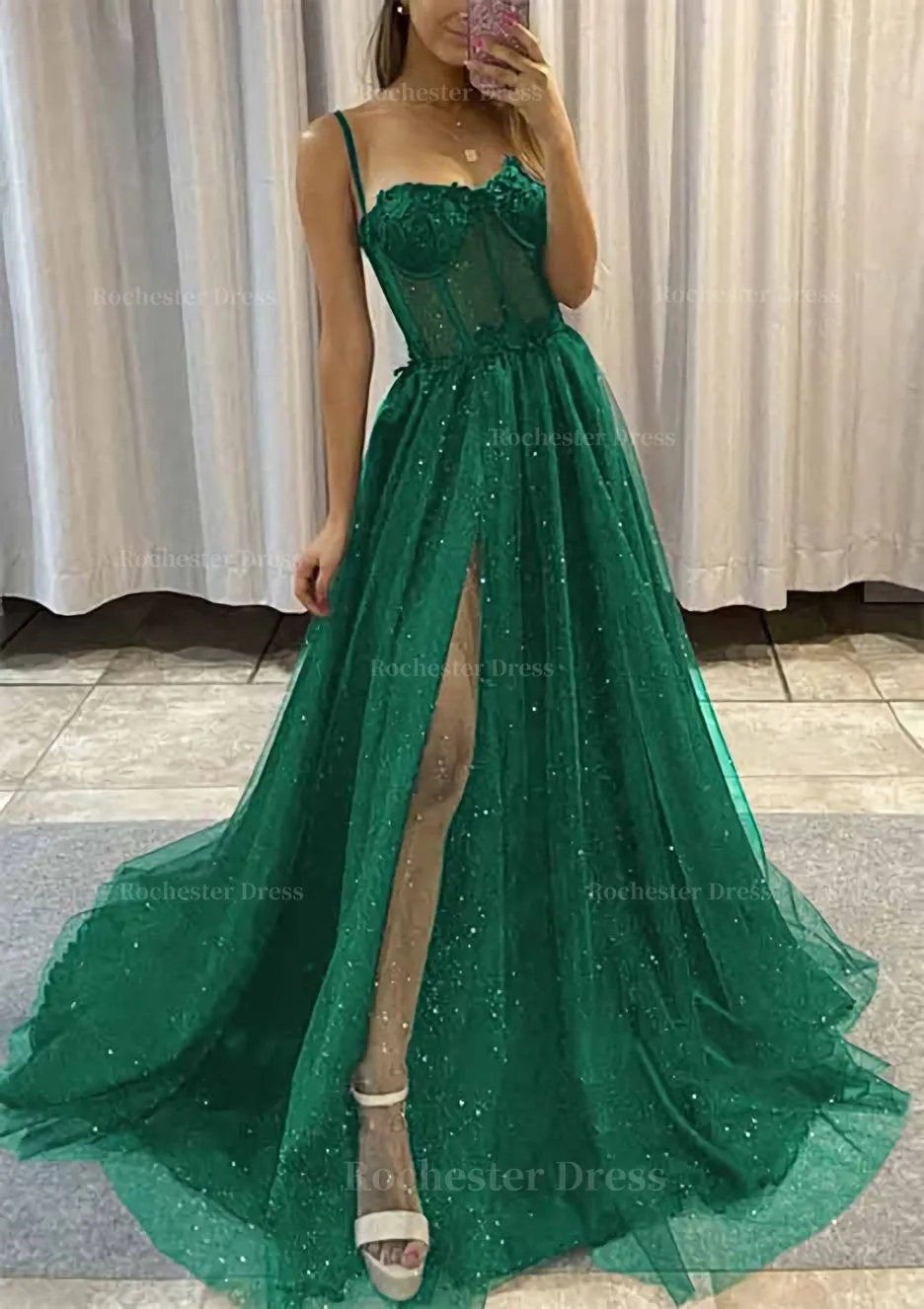 A-line Sweetheart Spaghetti Straps Sweep Train Tulle Glitter Prom Dress With Appliqued