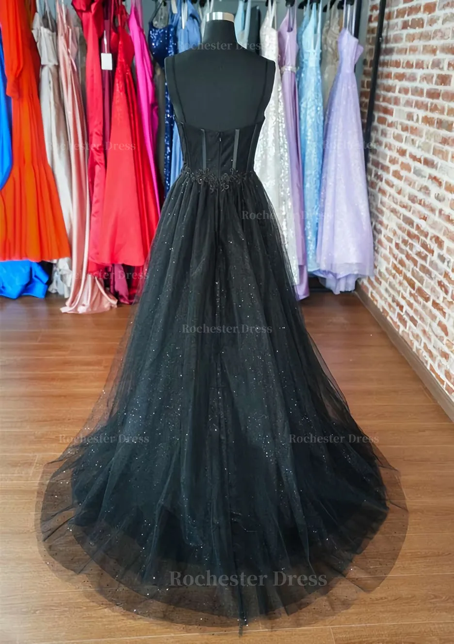 A-line Sweetheart Spaghetti Straps Sweep Train Tulle Glitter Prom Dress With Appliqued