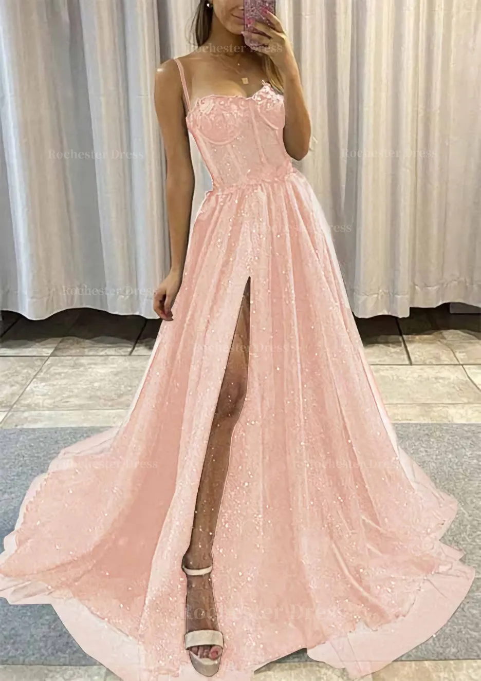 A-line Sweetheart Spaghetti Straps Sweep Train Tulle Glitter Prom Dress With Appliqued