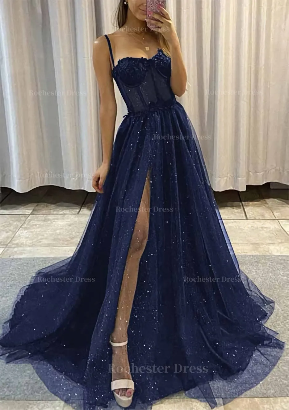 A-line Sweetheart Spaghetti Straps Sweep Train Tulle Glitter Prom Dress With Appliqued