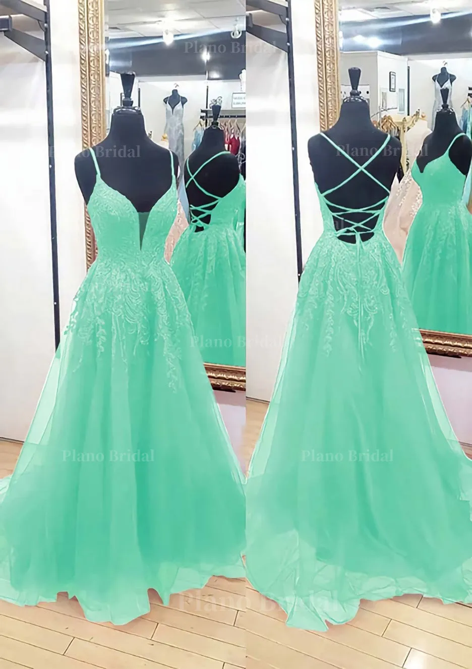 A-line V Neck Sleeveless Chapel Train Tulle Prom Dress With Appliqued Lace