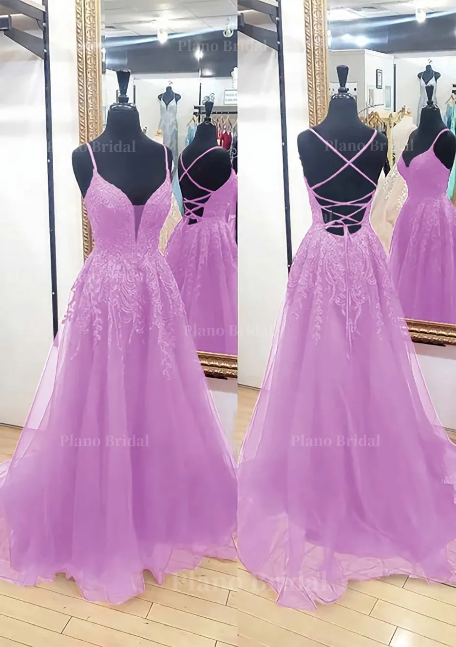 A-line V Neck Sleeveless Chapel Train Tulle Prom Dress With Appliqued Lace