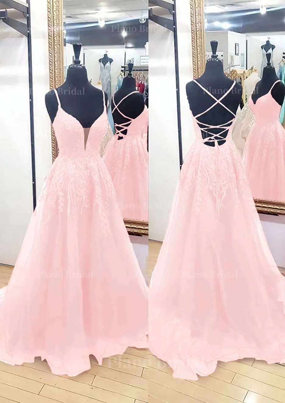 A-line V Neck Sleeveless Chapel Train Tulle Prom Dress With Appliqued Lace