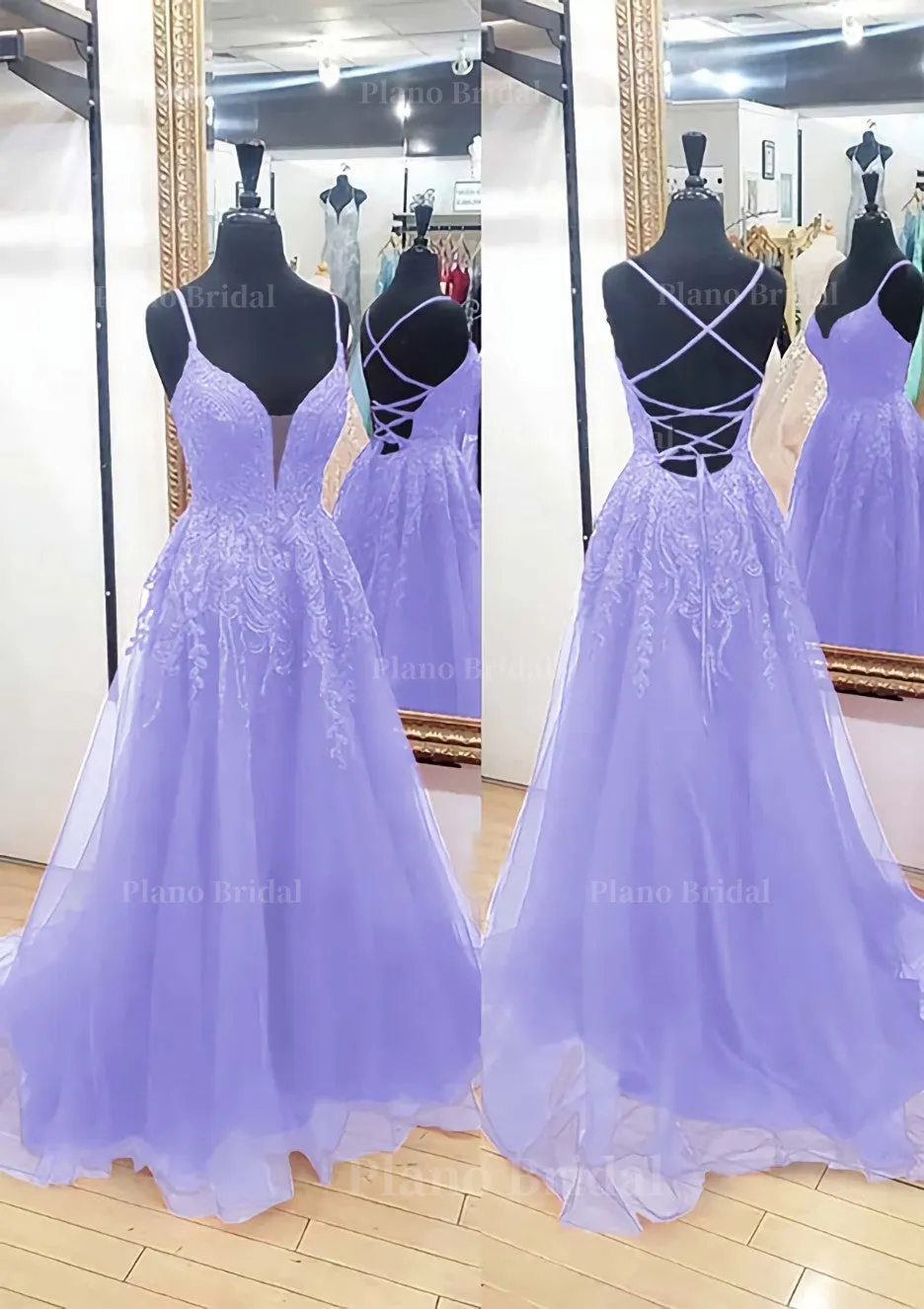 A-line V Neck Sleeveless Chapel Train Tulle Prom Dress With Appliqued Lace