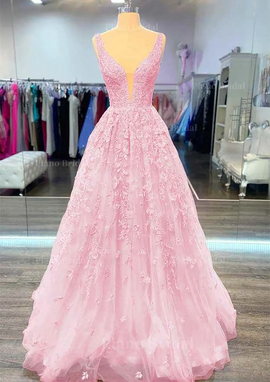 A-line V Neck Sleeveless Long/Floor-Length Lace Prom Dress With Beading