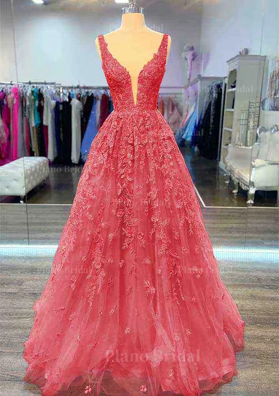 A-line V Neck Sleeveless Long/Floor-Length Lace Prom Dress With Beading