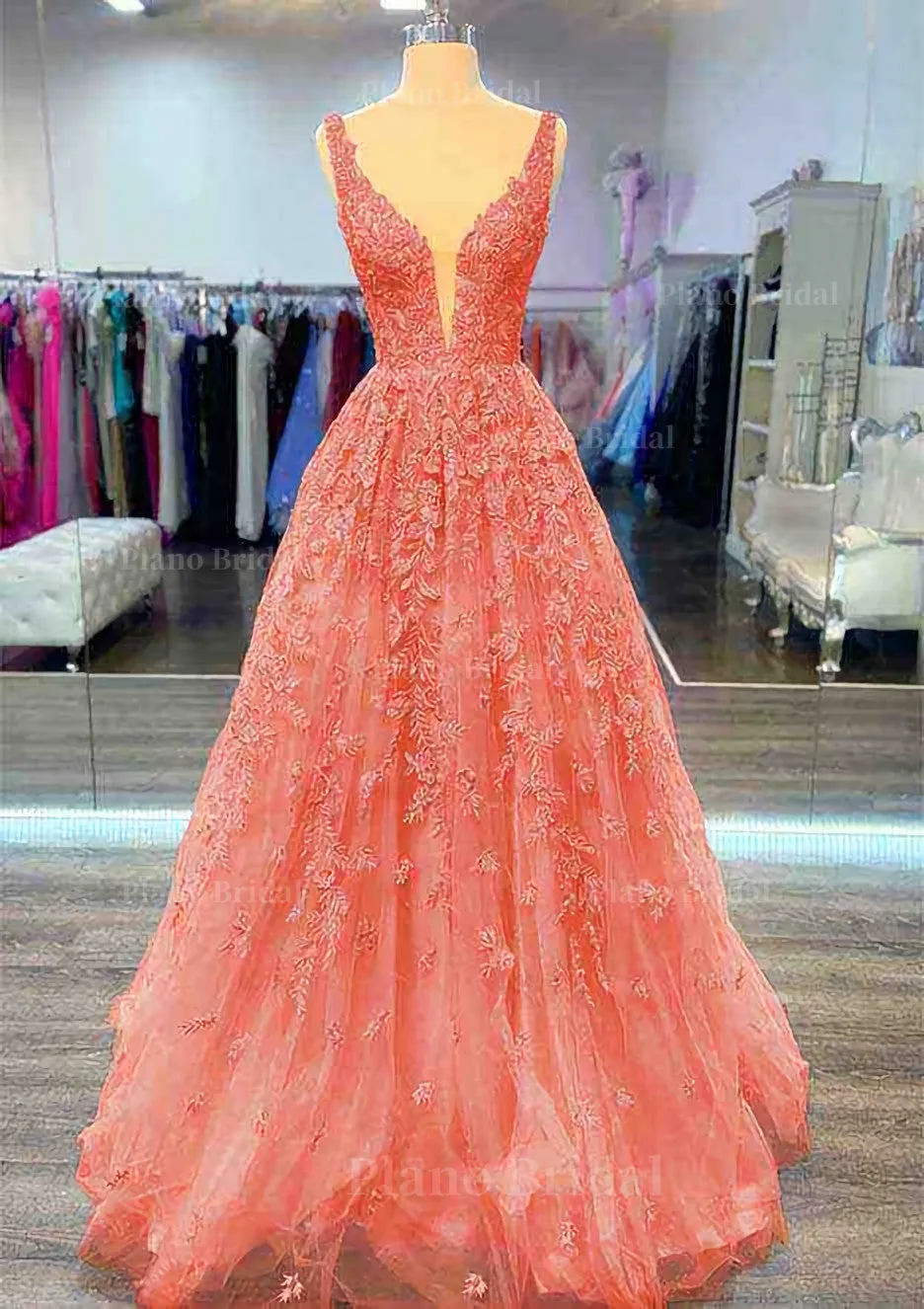 A-line V Neck Sleeveless Long/Floor-Length Lace Prom Dress With Beading