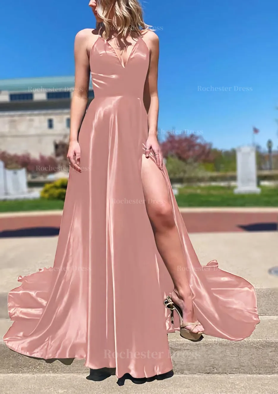 A-line V Neck Spaghetti Straps Sweep Train Charmeuse Prom Dress With Split