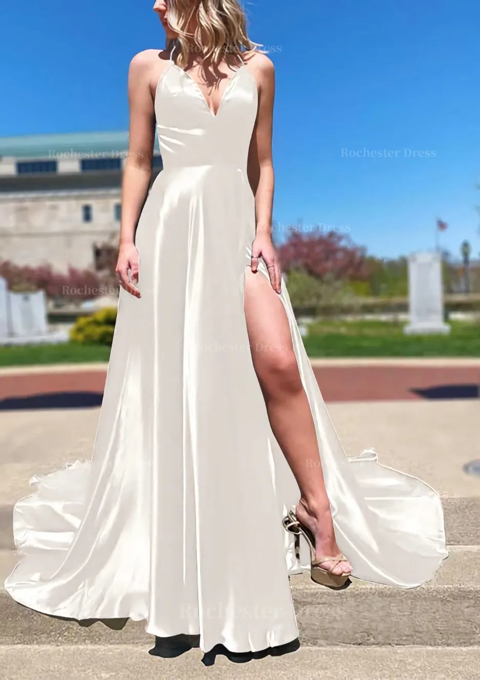 A-line V Neck Spaghetti Straps Sweep Train Charmeuse Prom Dress With Split