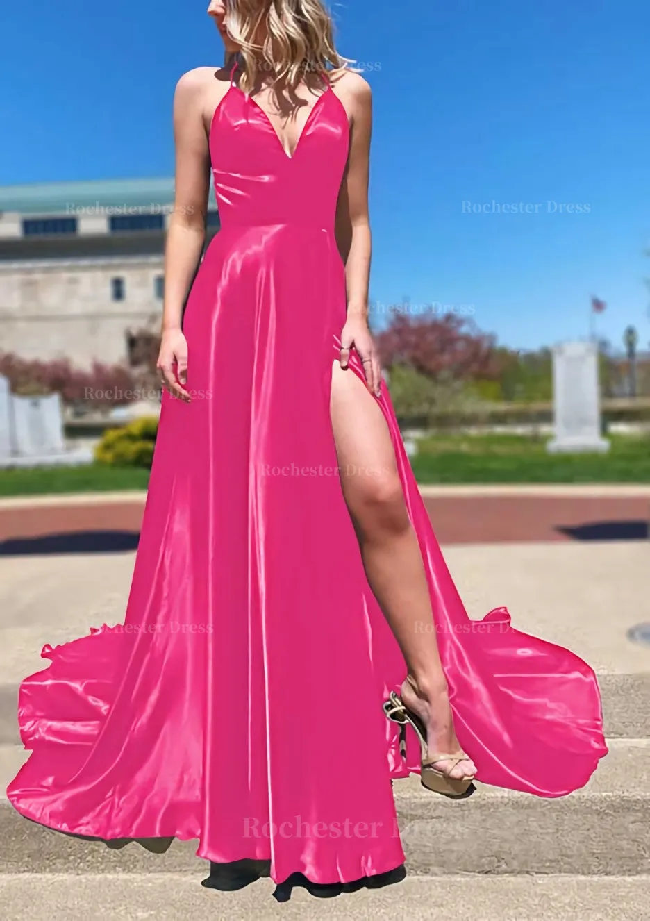 A-line V Neck Spaghetti Straps Sweep Train Charmeuse Prom Dress With Split