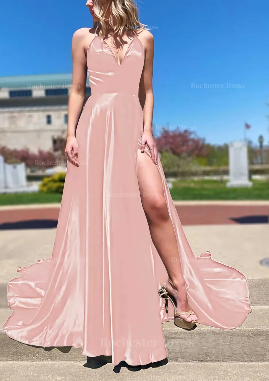 A-line V Neck Spaghetti Straps Sweep Train Charmeuse Prom Dress With Split