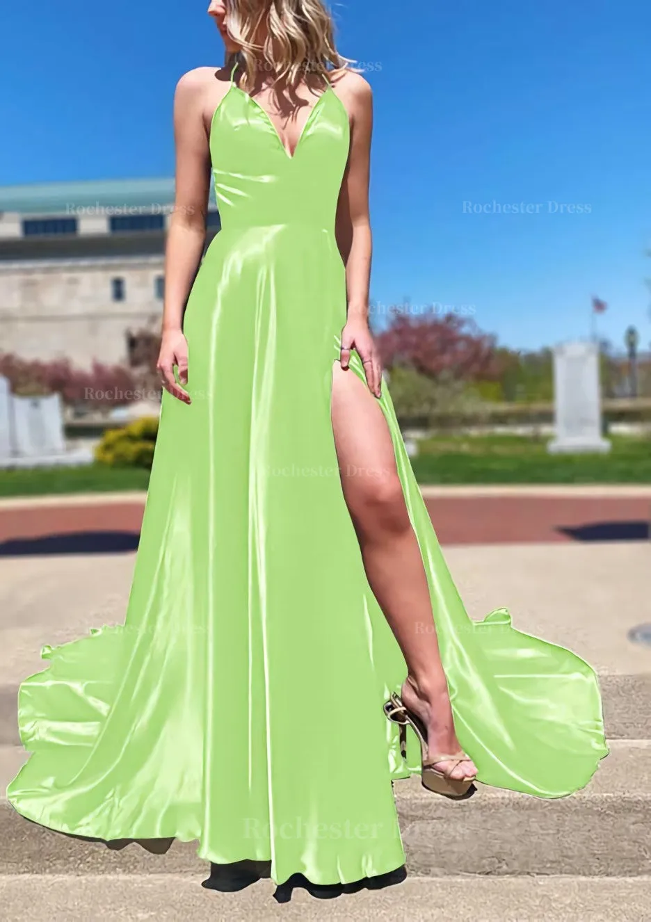 A-line V Neck Spaghetti Straps Sweep Train Charmeuse Prom Dress With Split