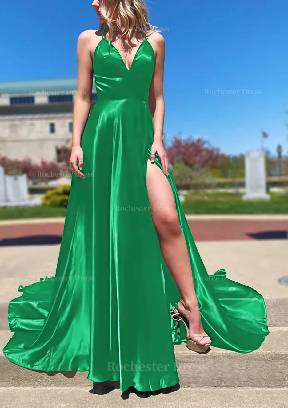 A-line V Neck Spaghetti Straps Sweep Train Charmeuse Prom Dress With Split