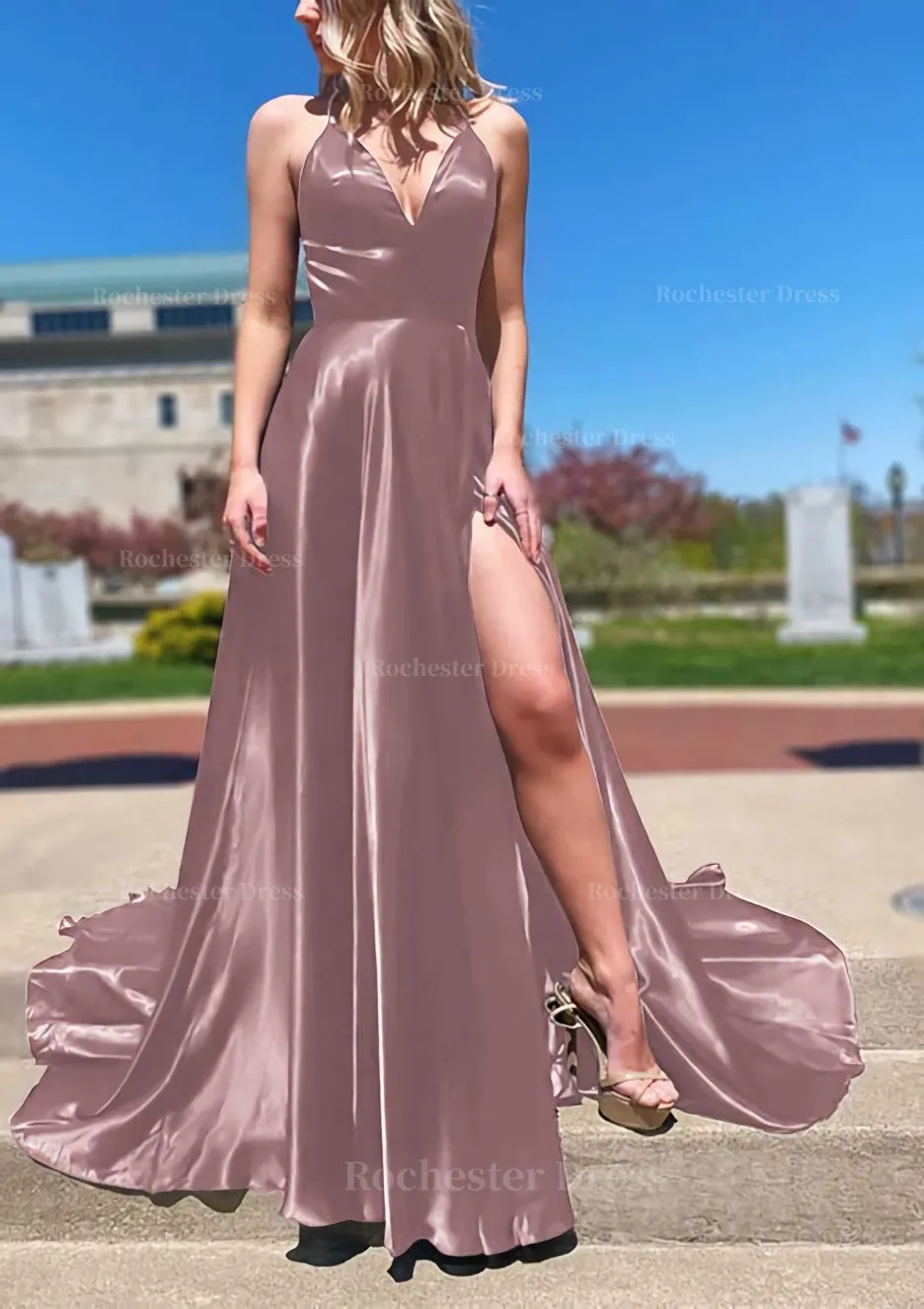 A-line V Neck Spaghetti Straps Sweep Train Charmeuse Prom Dress With Split