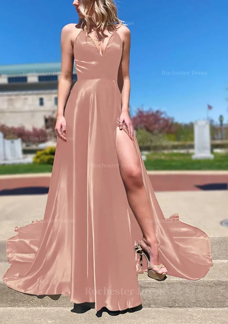 A-line V Neck Spaghetti Straps Sweep Train Charmeuse Prom Dress With Split