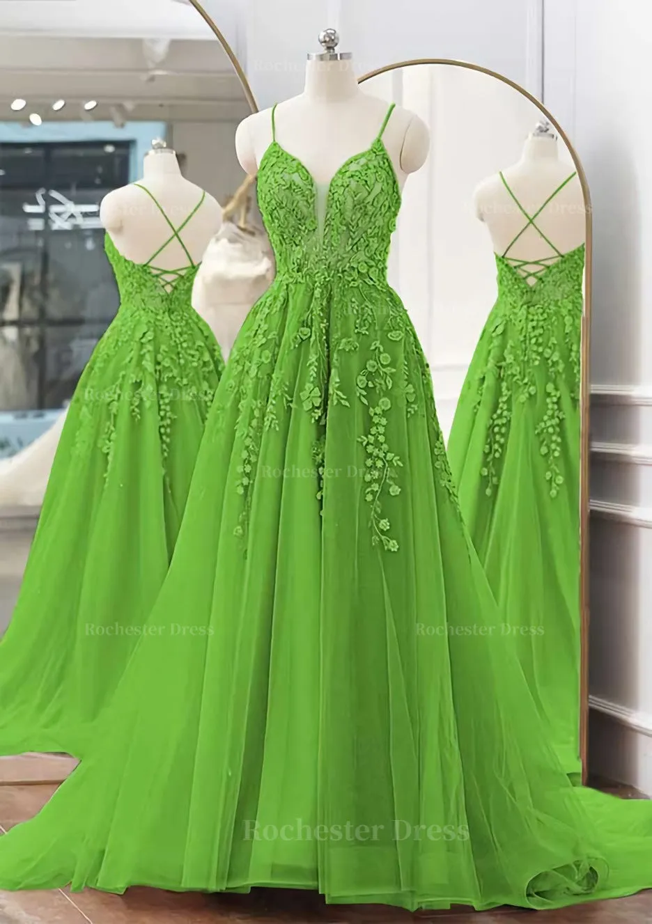 A-line V Neck Spaghetti Straps Sweep Train Tulle Prom Dress With Appliqued Beading