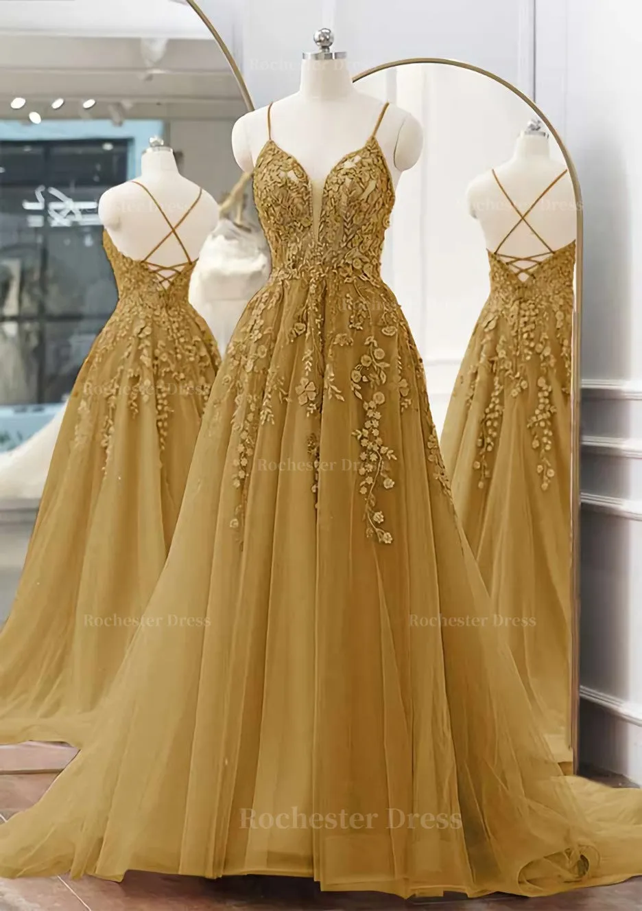 A-line V Neck Spaghetti Straps Sweep Train Tulle Prom Dress With Appliqued Beading