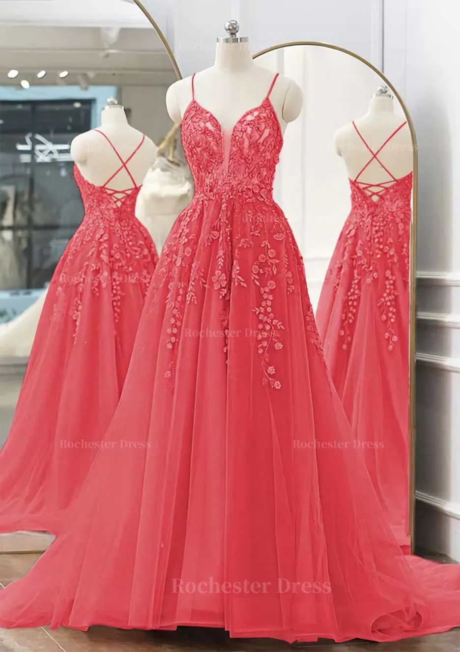 A-line V Neck Spaghetti Straps Sweep Train Tulle Prom Dress With Appliqued Beading