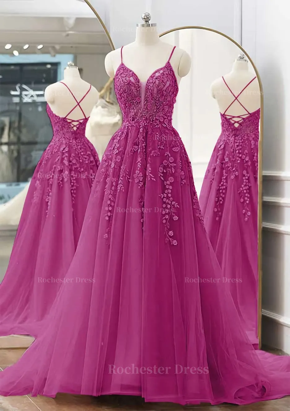 A-line V Neck Spaghetti Straps Sweep Train Tulle Prom Dress With Appliqued Beading