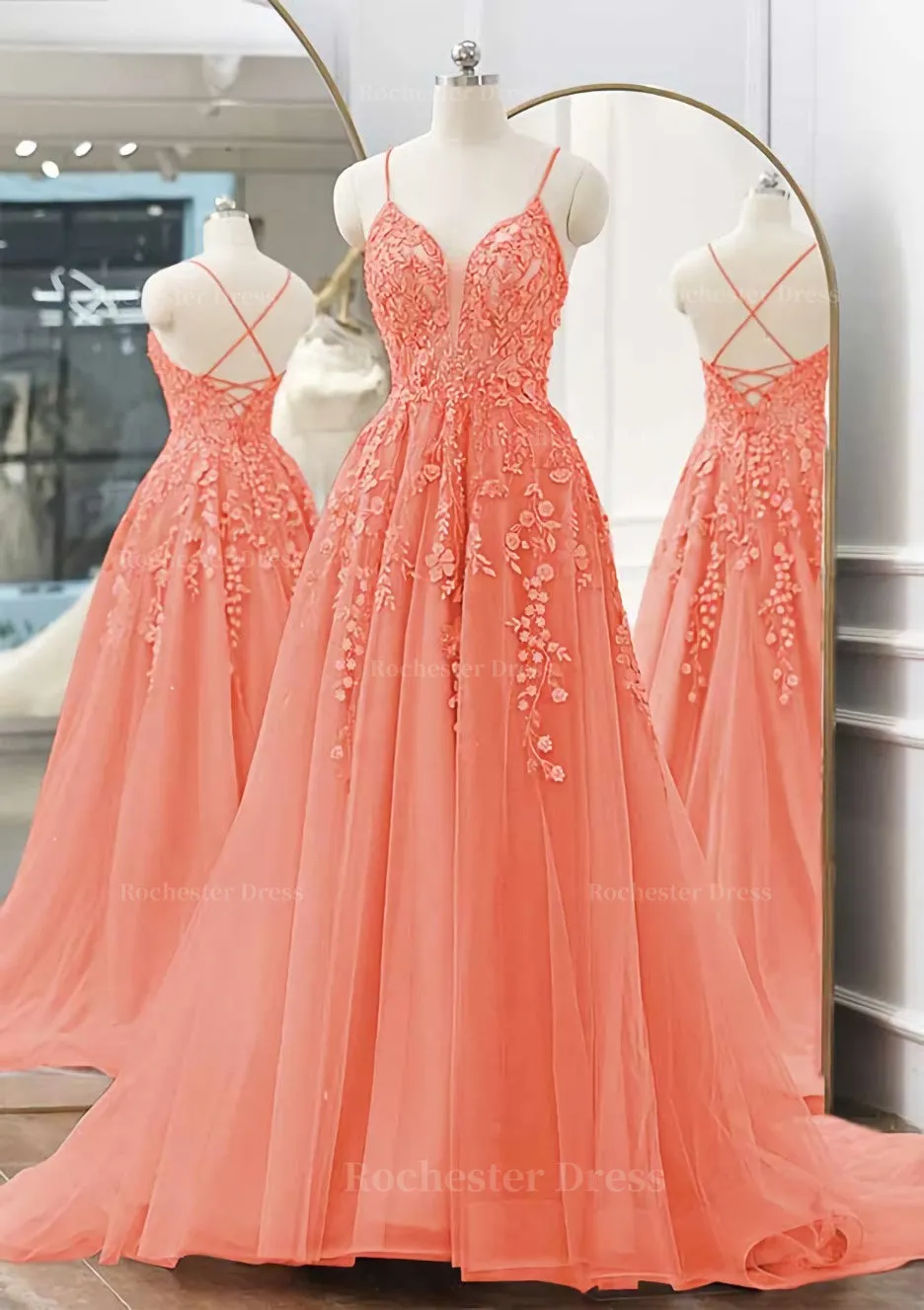 A-line V Neck Spaghetti Straps Sweep Train Tulle Prom Dress With Appliqued Beading