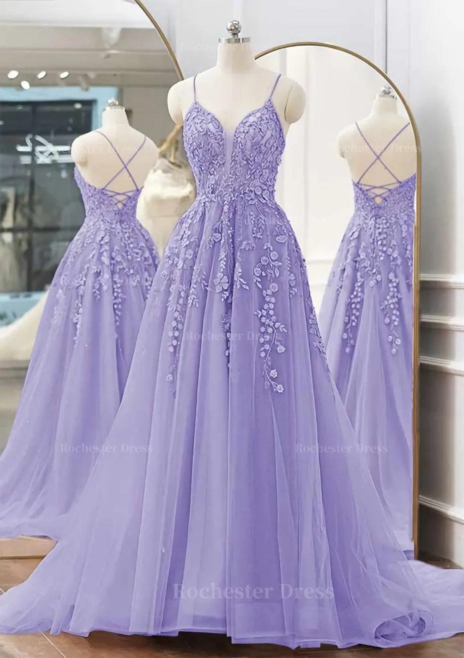 A-line V Neck Spaghetti Straps Sweep Train Tulle Prom Dress With Appliqued Beading