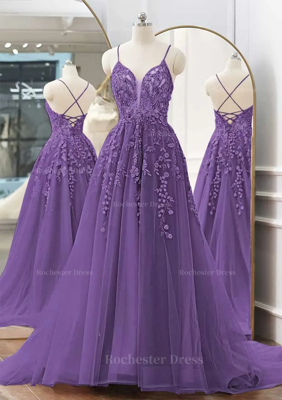 A-line V Neck Spaghetti Straps Sweep Train Tulle Prom Dress With Appliqued Beading