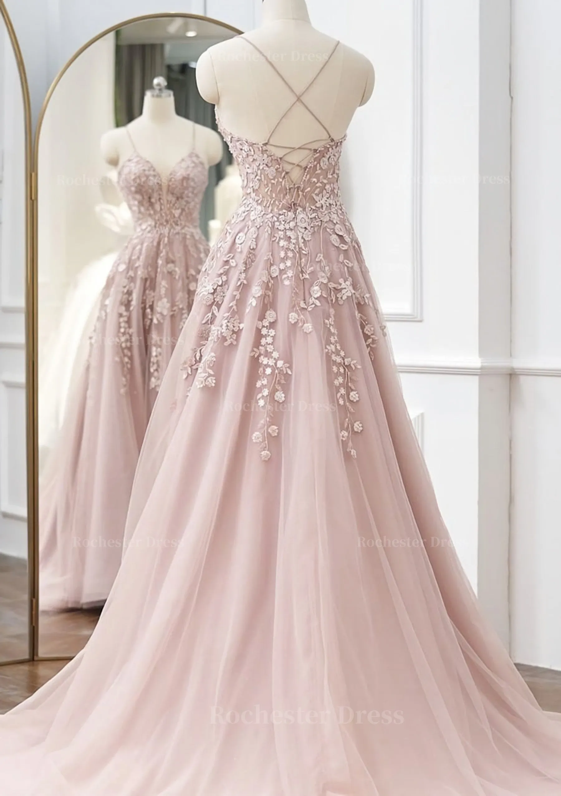 A-line V Neck Spaghetti Straps Sweep Train Tulle Prom Dress With Appliqued Beading