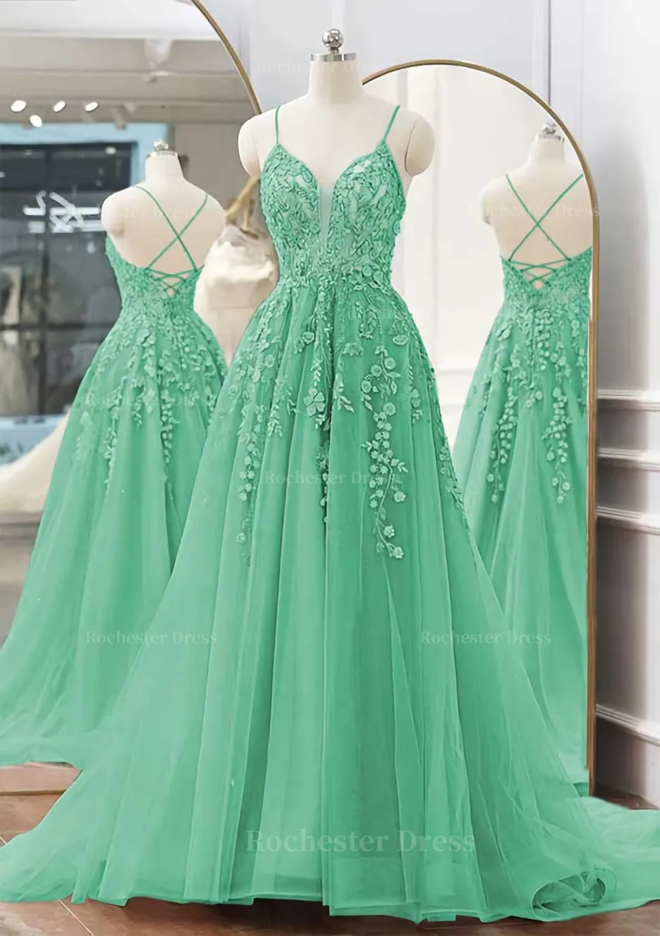 A-line V Neck Spaghetti Straps Sweep Train Tulle Prom Dress With Appliqued Beading