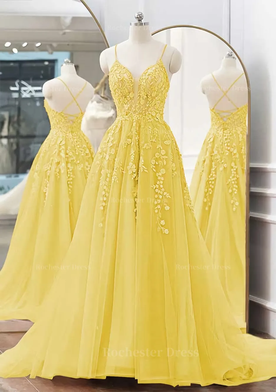 A-line V Neck Spaghetti Straps Sweep Train Tulle Prom Dress With Appliqued Beading