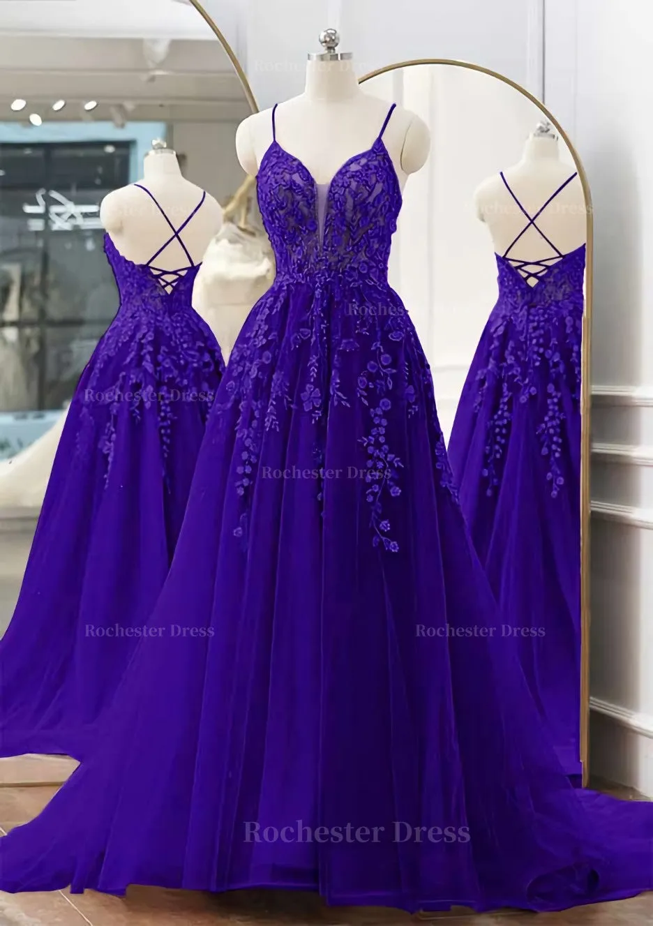 A-line V Neck Spaghetti Straps Sweep Train Tulle Prom Dress With Appliqued Beading