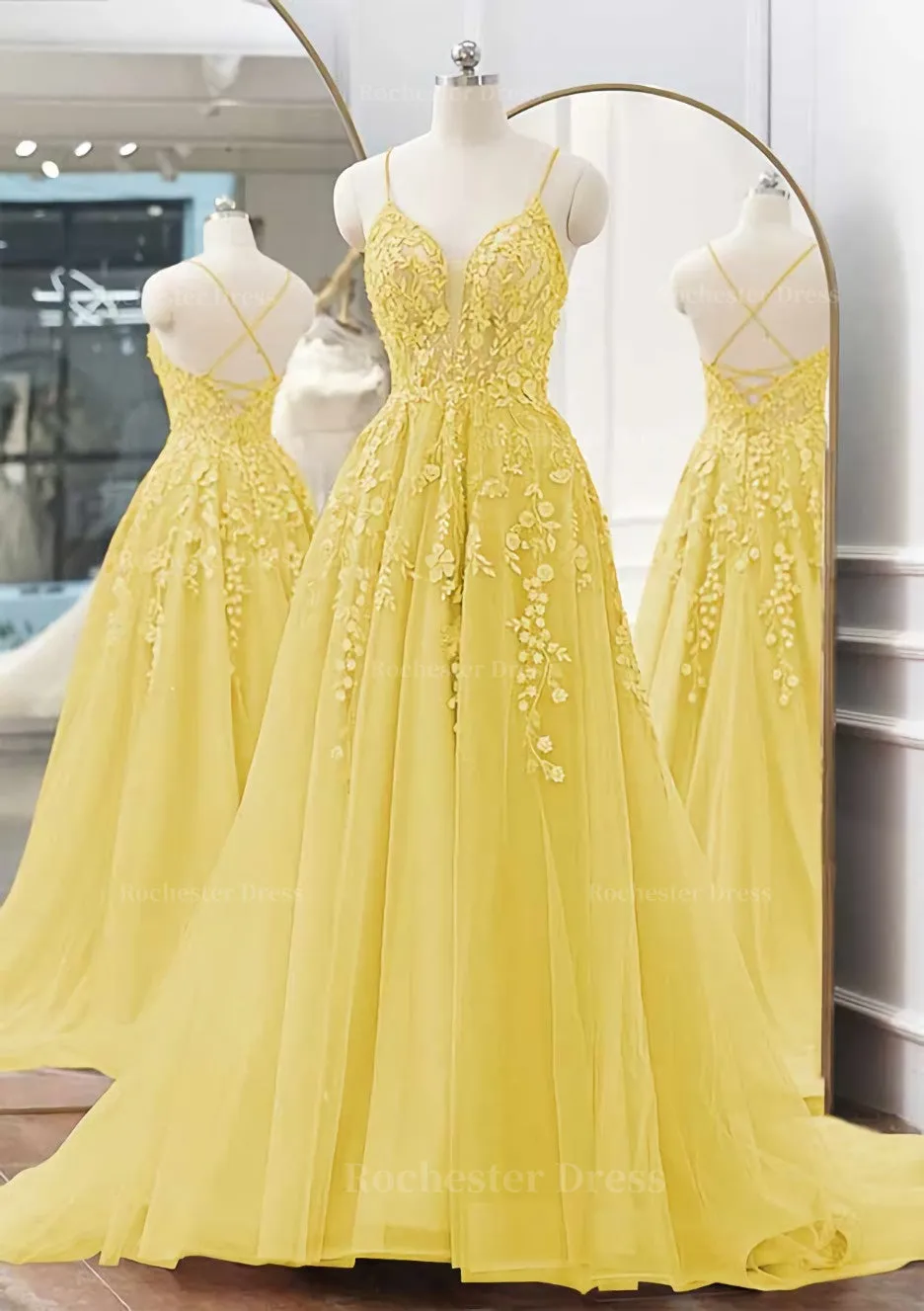 A-line V Neck Spaghetti Straps Sweep Train Tulle Prom Dress With Appliqued Beading